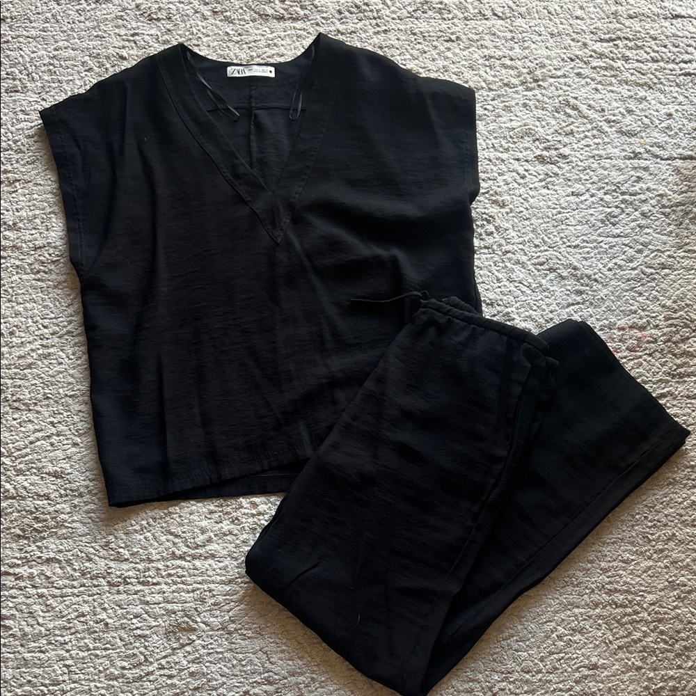 Zara Black V-Neck Top and Pants Set